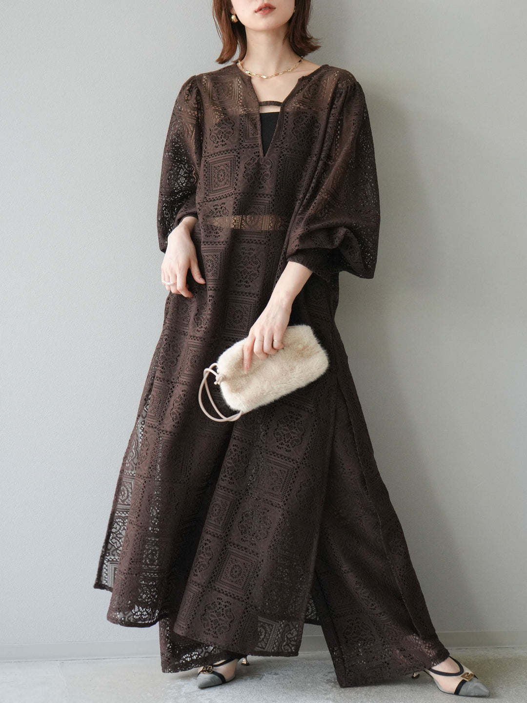 [予約]ブロックレースボリュームスリーブワンピース/ブラウン