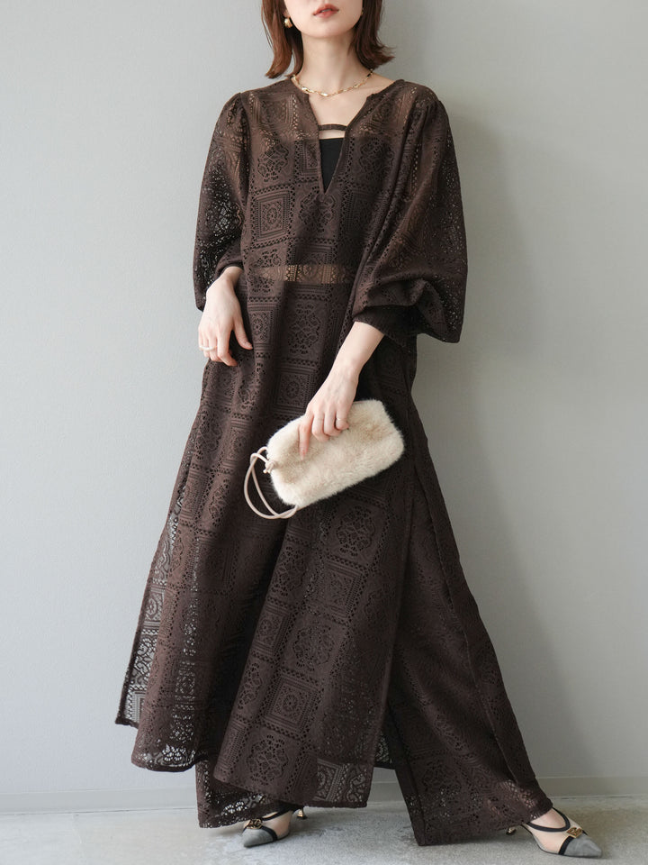 [予約]ブロックレースボリュームスリーブワンピース/ブラウン