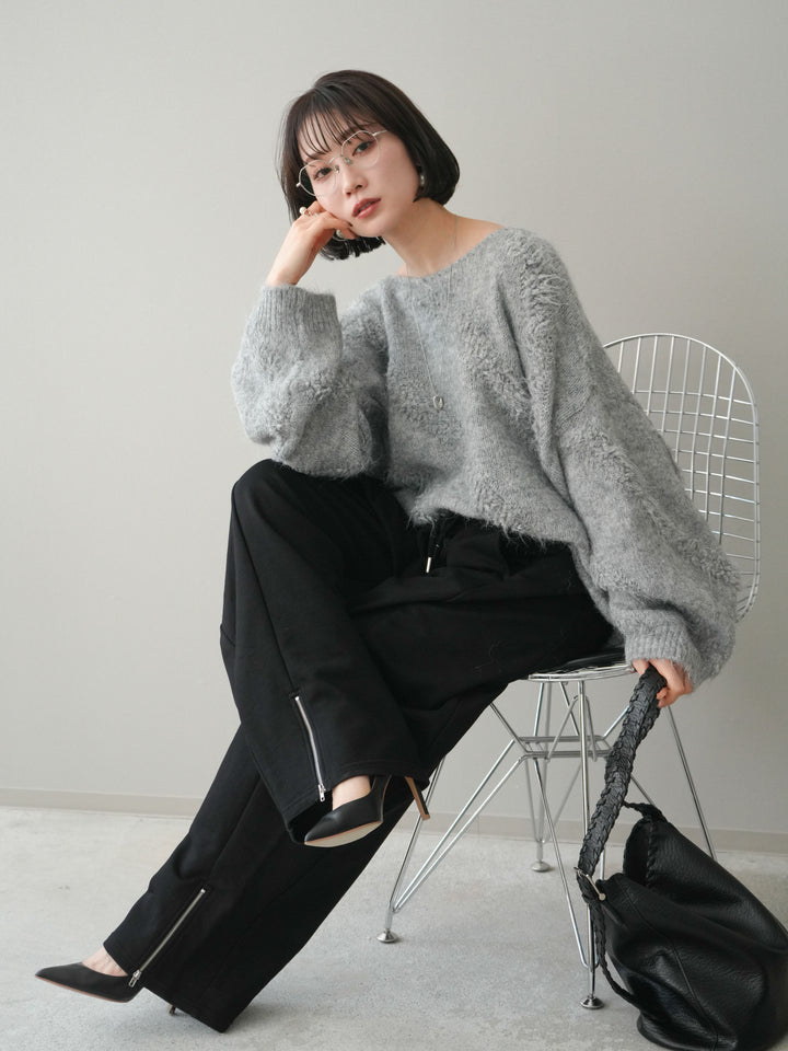 [SET]シャギーデザインニットプルオーバー+裾ZIPスエットワイドパンツ(2set)