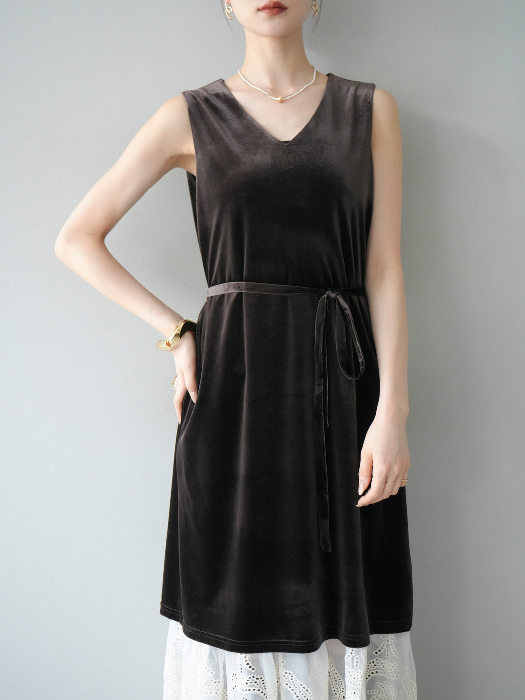 [予約]裾コットンレースベロアワンピース/ブラウン