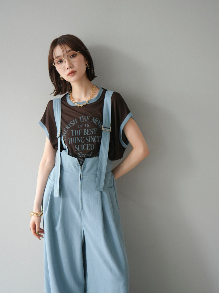 [SET]ストリングデザインハイウエストサロペット+シアーフライス ロゴプリントT (2set)