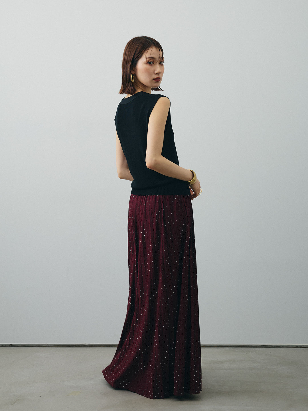 [予約]ラインストーンプリーツスカート/バーガンディー