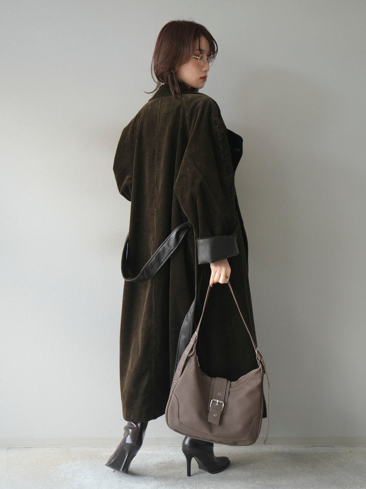 [予約]コーデュロイ折り返しレザーロングコート/khaki
