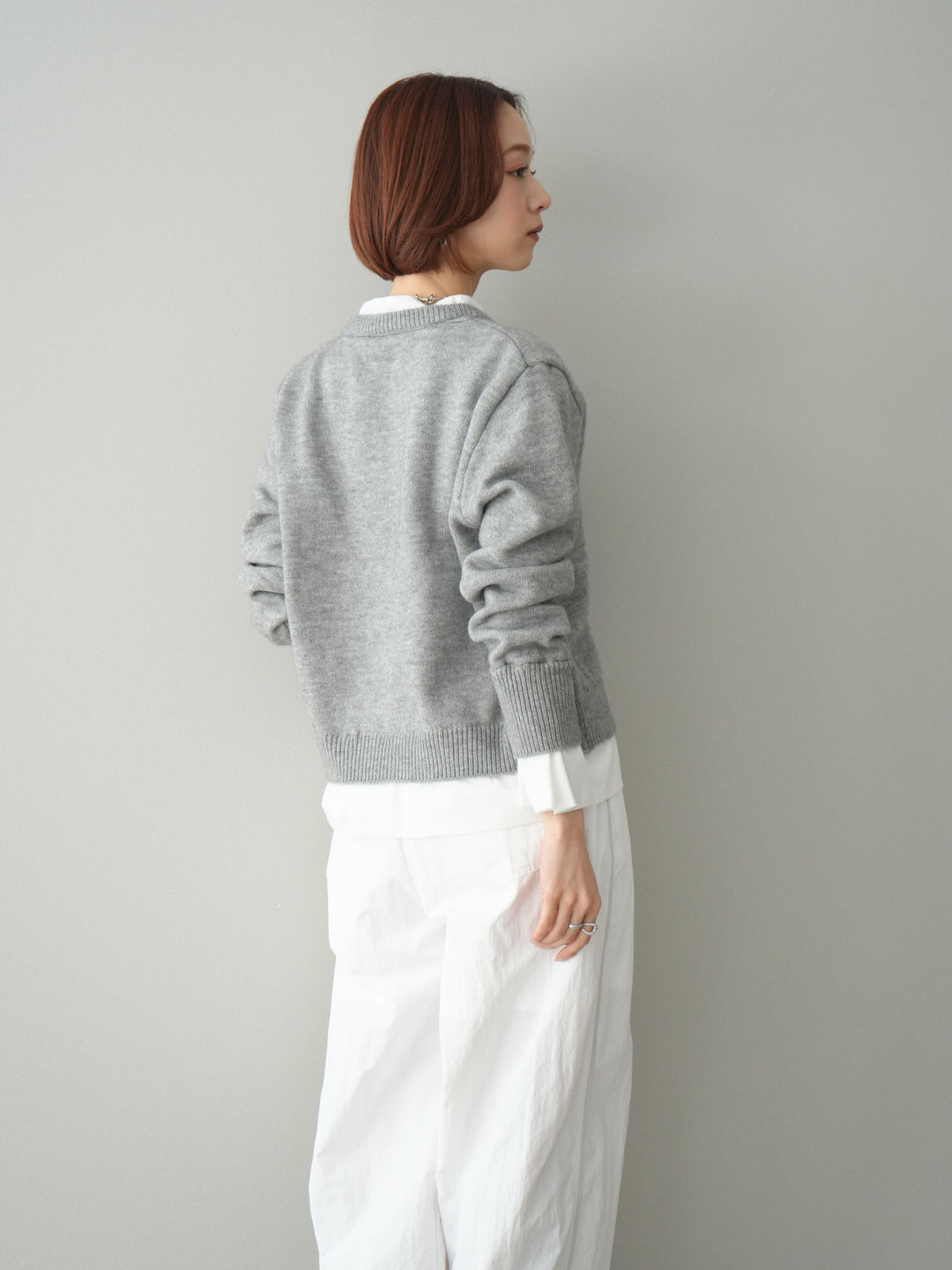 【預購】梭織布料對接針織開襟衫/淺灰色