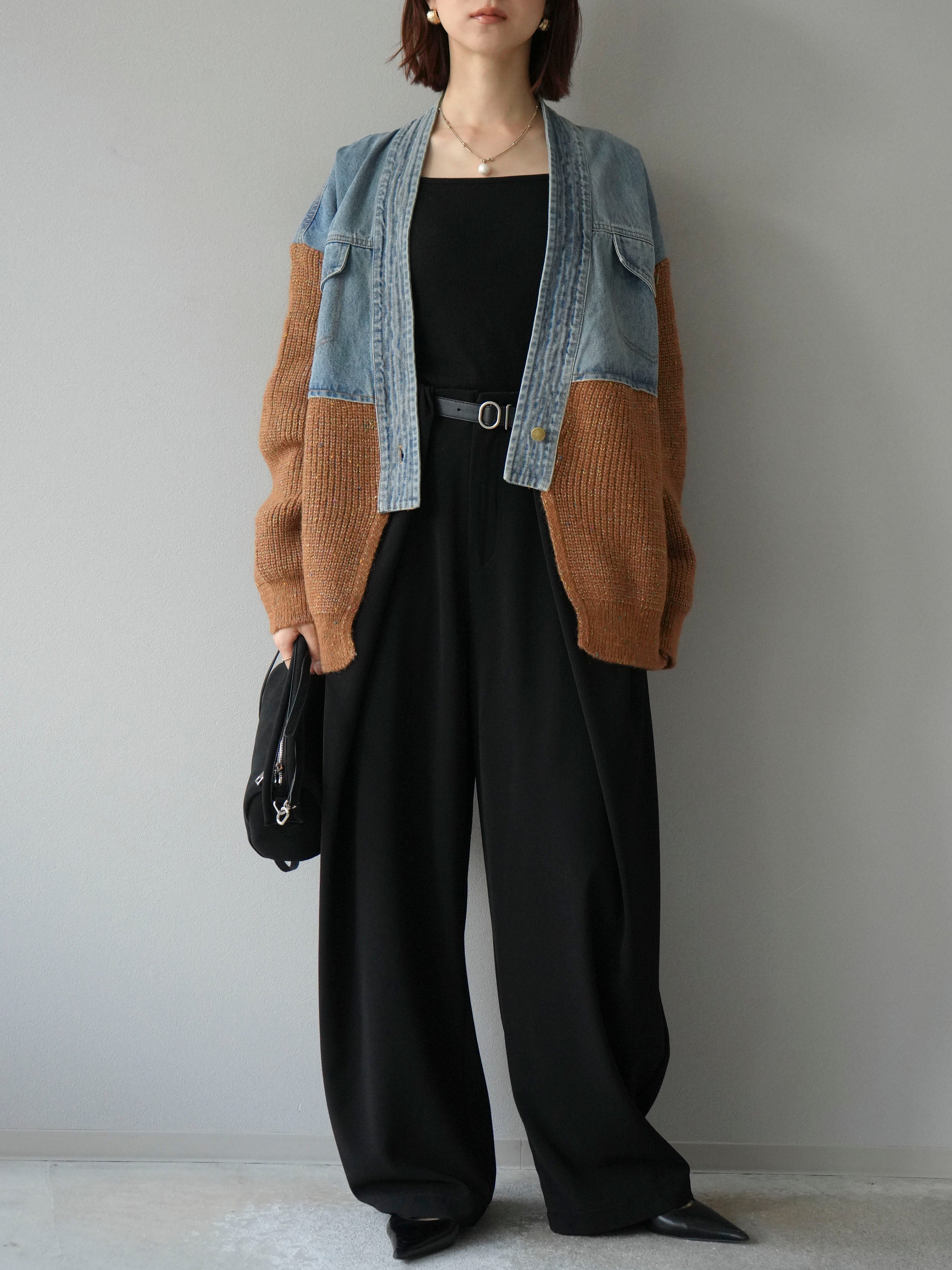 予約]デニム切替ネップニットカーディガン/キャメル – Lumier