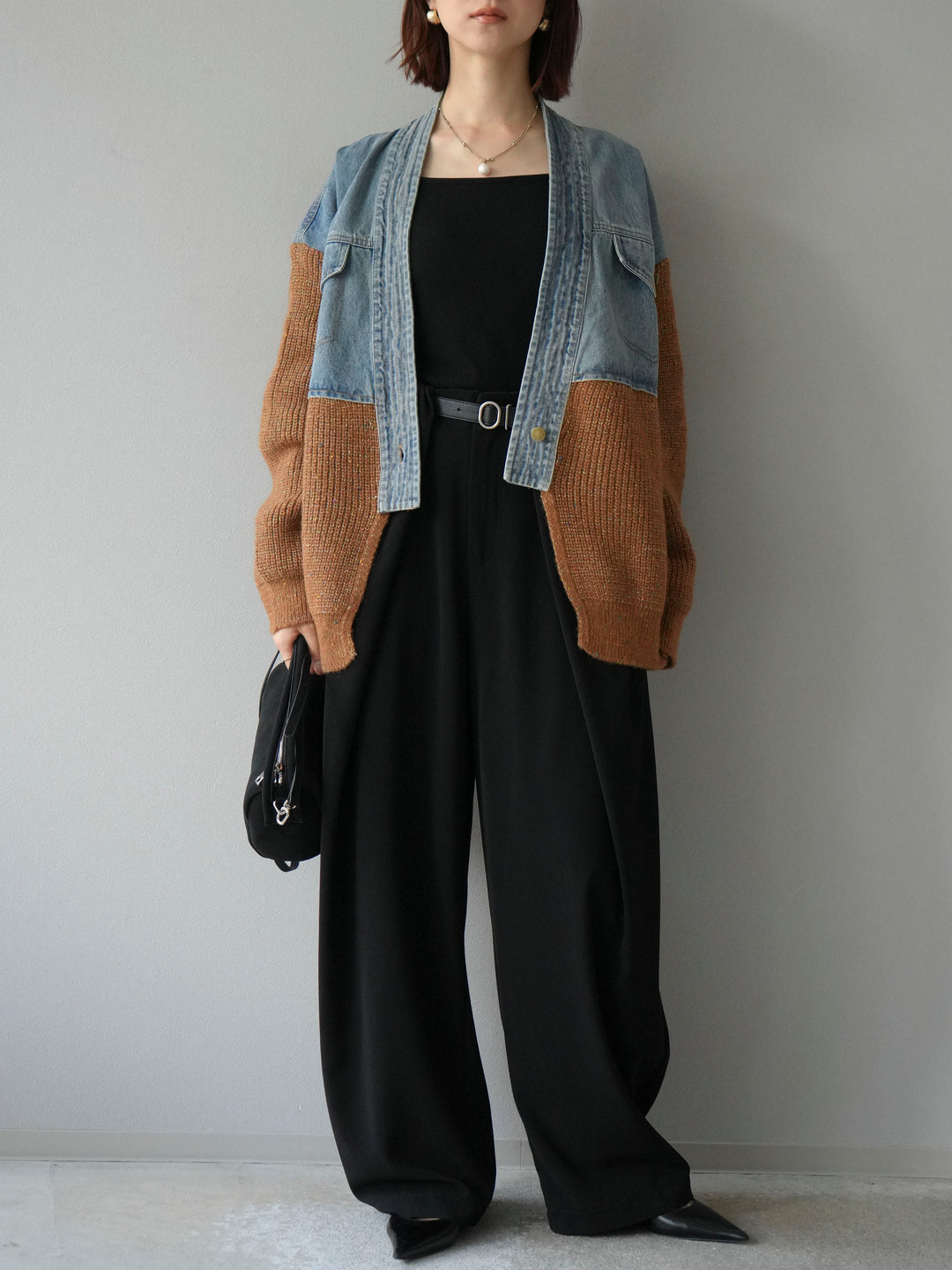 [予約]デニム切替ネップニットカーディガン/キャメル