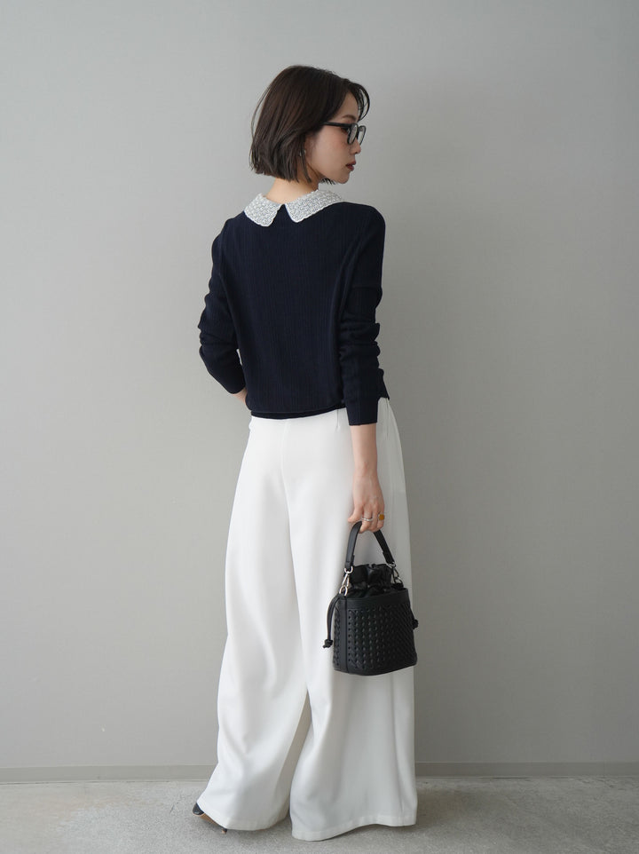 [予約]編み込みベルト付タックワイドパンツ/white