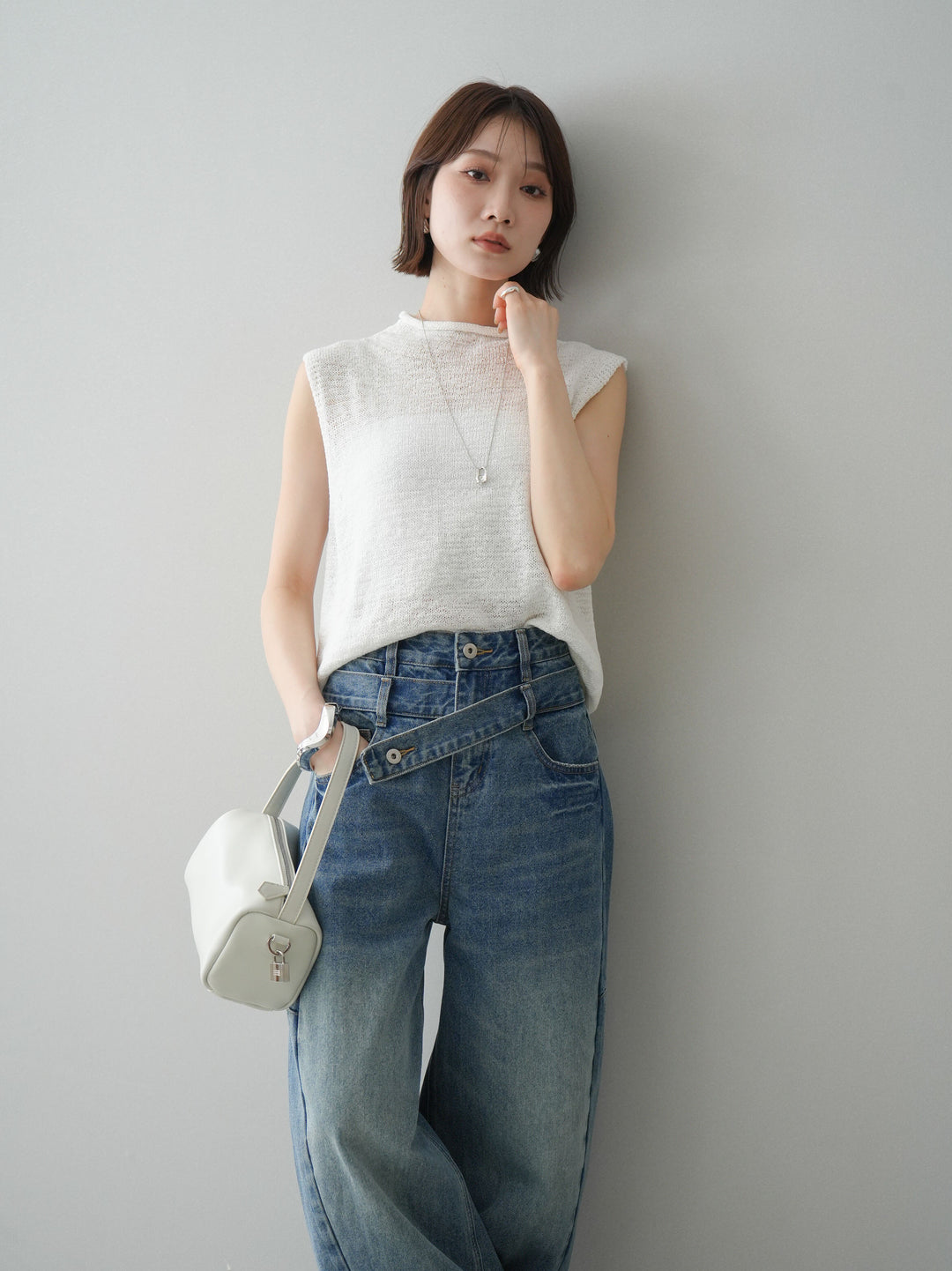 [予約]ノースリーブリネンタッチシアーニットプルオーバー/white