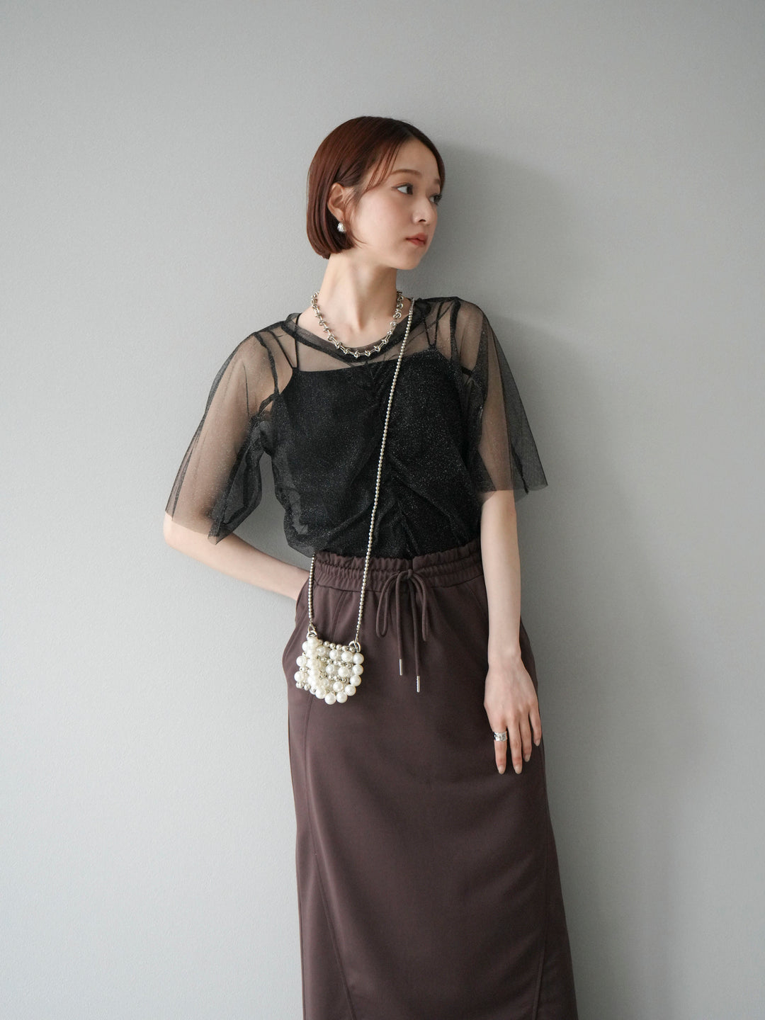 [SET]ラメチュールシャーリングプルオーバー+スウェットロングスカート(2set)