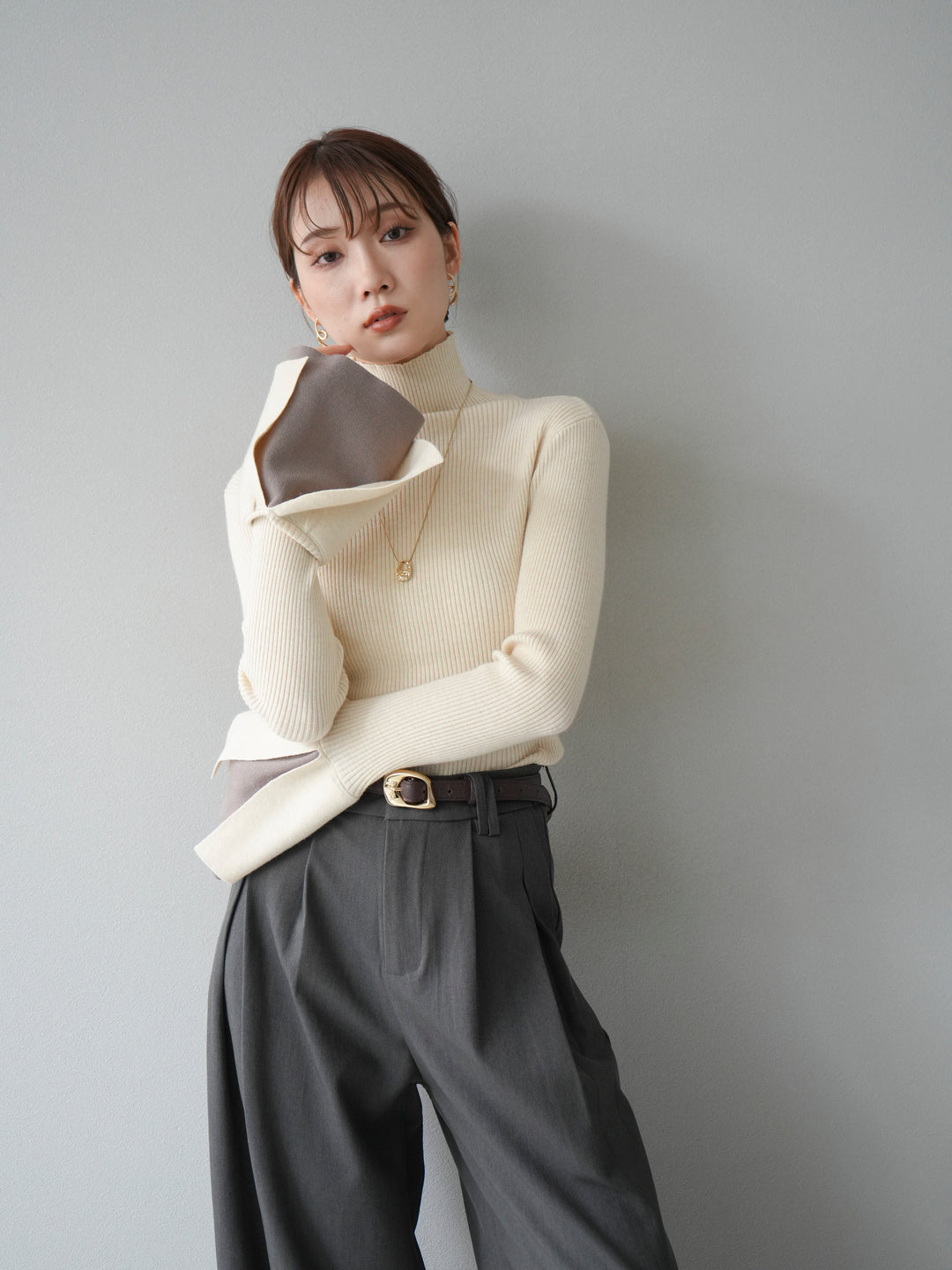 [3]ヘンリーネック配色リブニットトップス/アイボリー