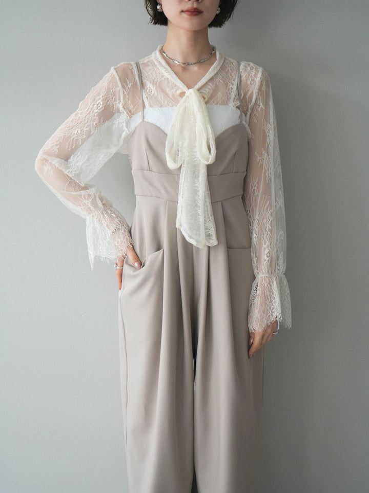 [SET]バックデザインサロペット+リバーレースボウタイトップス(2set)