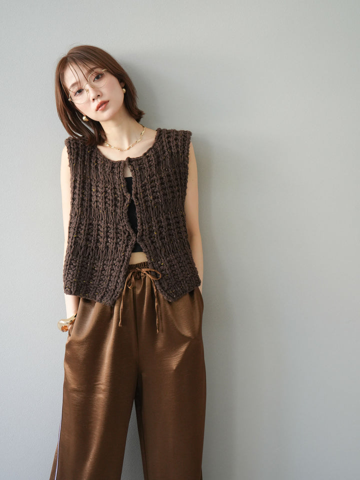 [予約]ミックスヤーンデザイン編みニットベスト/ブラウン