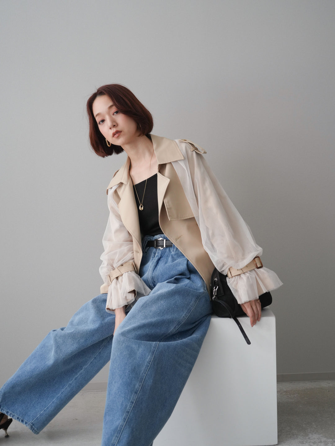 【預購】薄紗層疊蓬鬆袖短風衣/米色