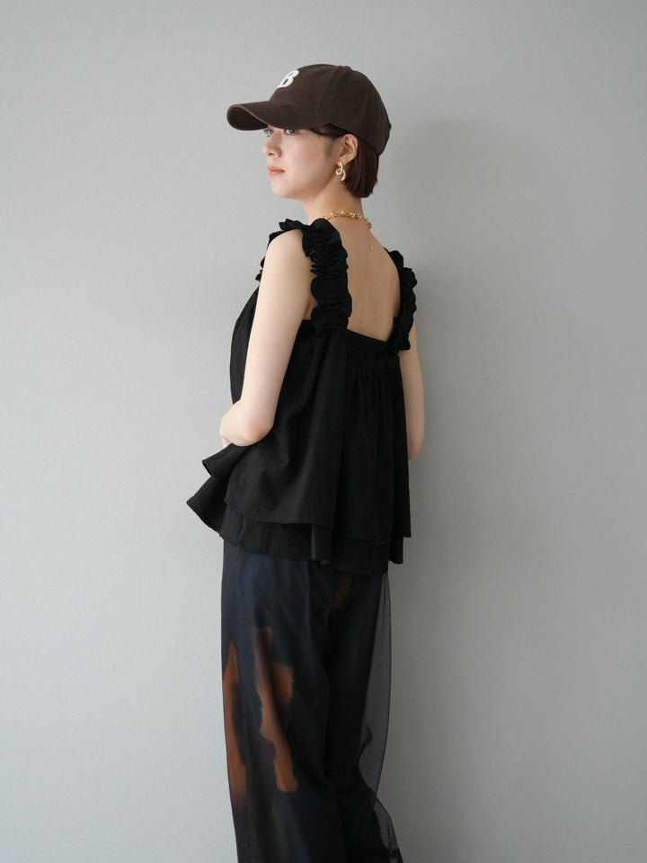 [SET] 縮肩喇叭背心 + 水彩藝術休閒褲 + 繩繡薄紗疊穿褲 (3 件套)