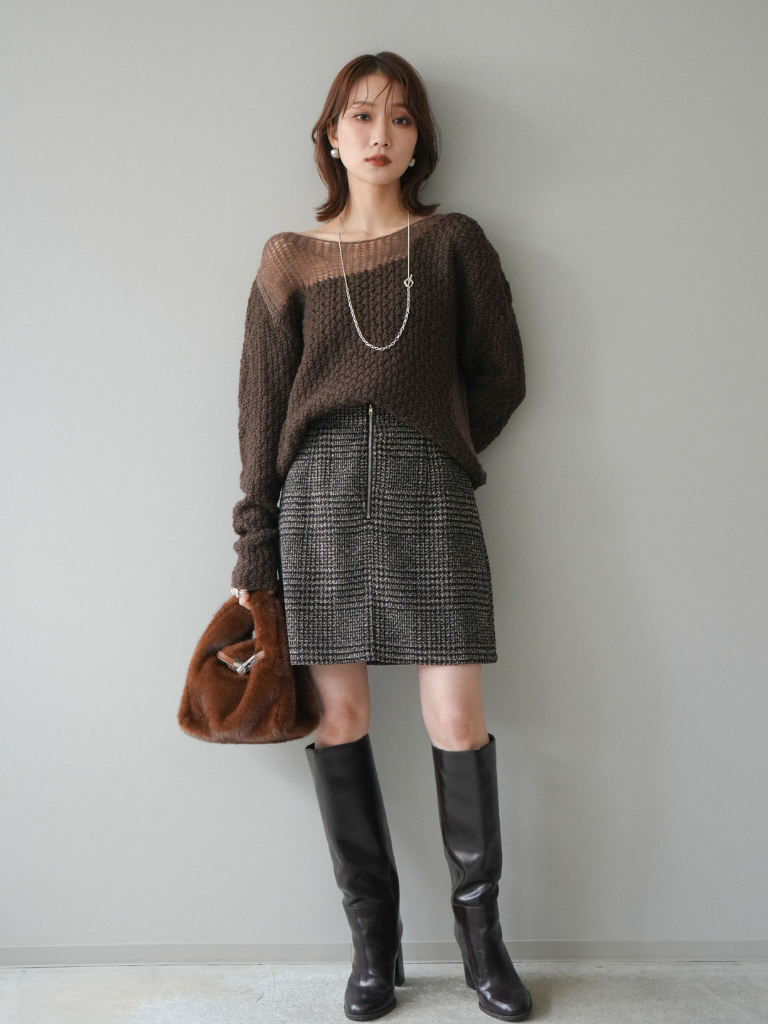 [予約]フロントZIPアソート柄ミニスカート/brown