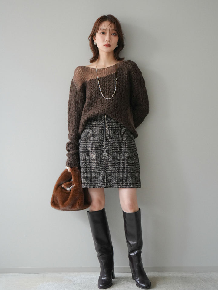 [予約]フロントZIPアソート柄ミニスカート/brown