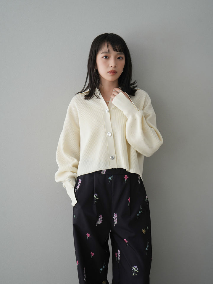 [SET]ボリュームスリーブポロニットカーディガン+フラワーアートプリントタックパンツ(2set)
