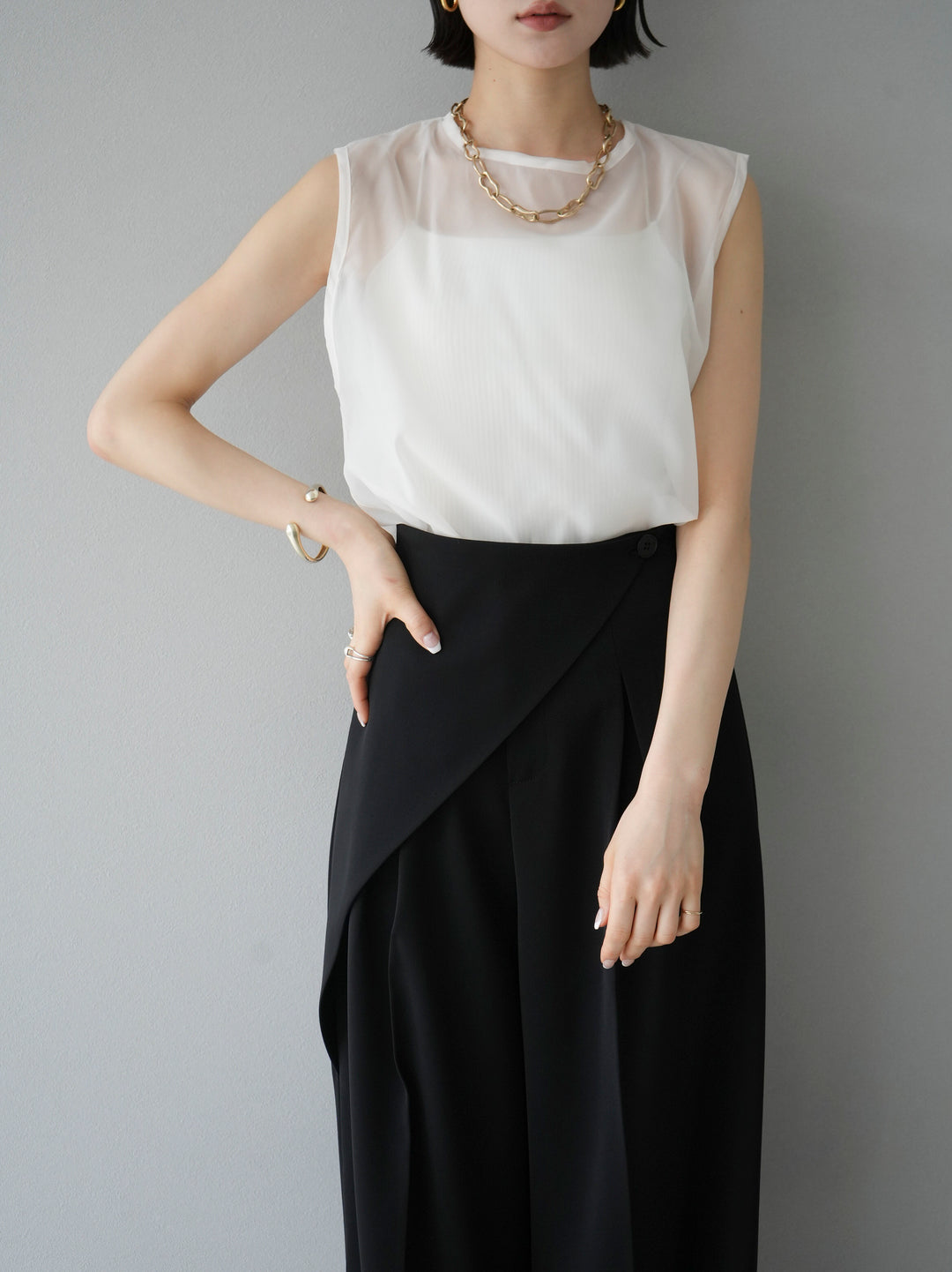 [SET] Organza sleeveless top + wrap wide pants (2set)