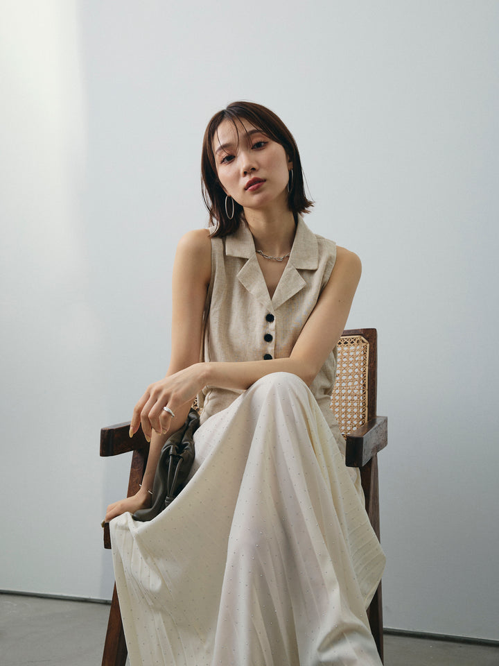 [SET]リネンライクテーラードジレ+ラインストーンプリーツスカート(2set)