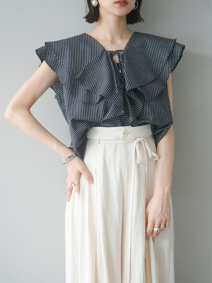 [予約]リネンライクストライプラッフルブラウス/ネイビー
