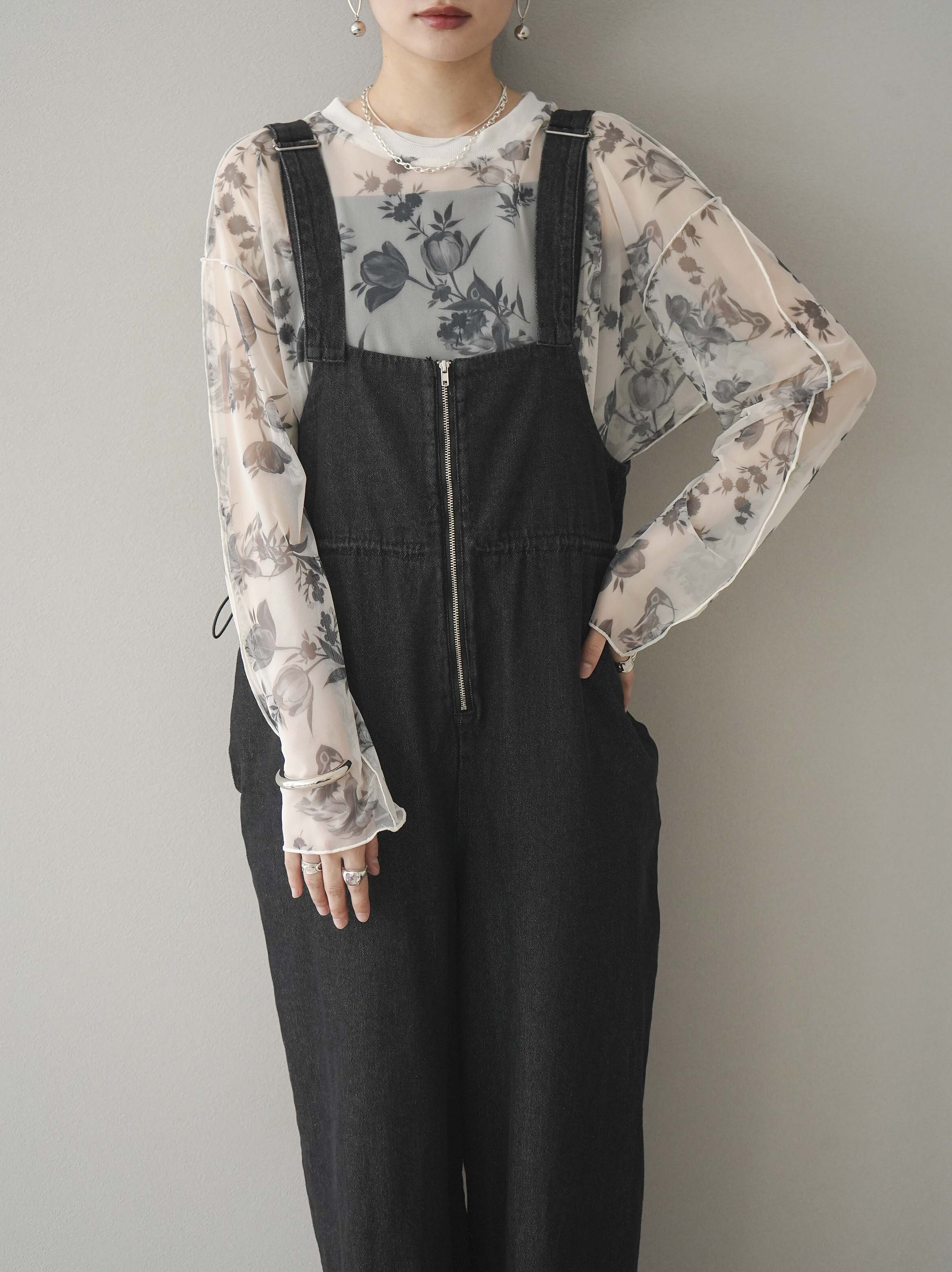 ももページです。 単衣 予約]フラワープリントリブネックシアーメロートップス/オフモノトーン