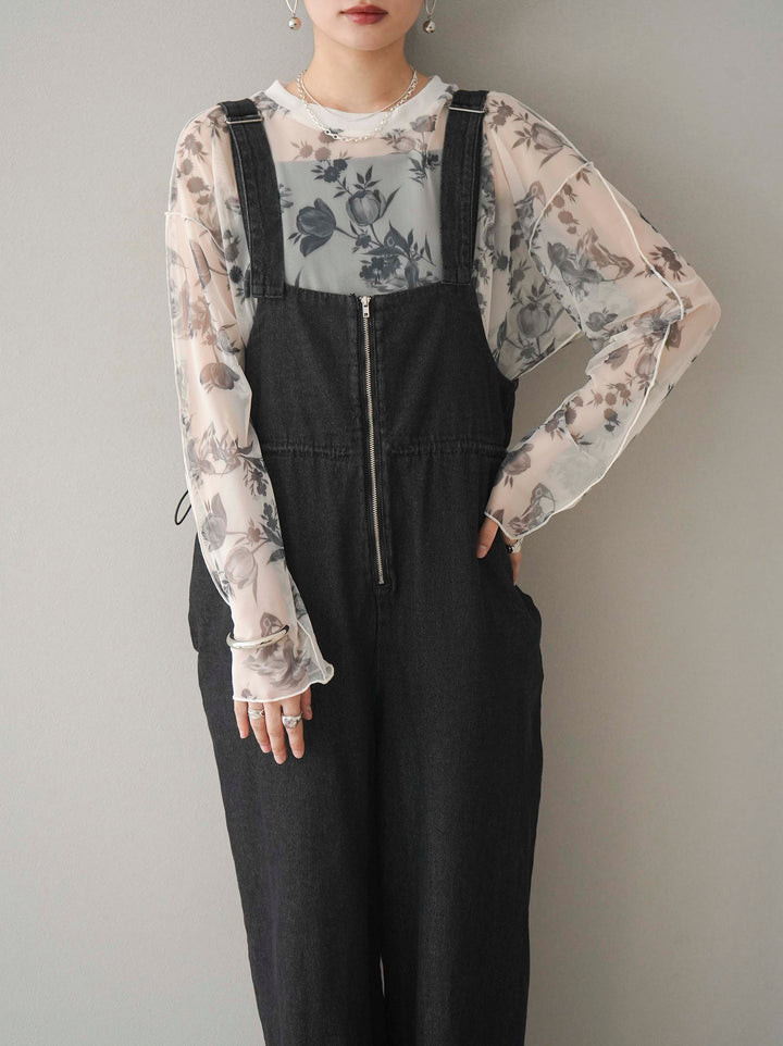 【預購】花朵印花羅紋領透薄柔和上衣/米白色單色