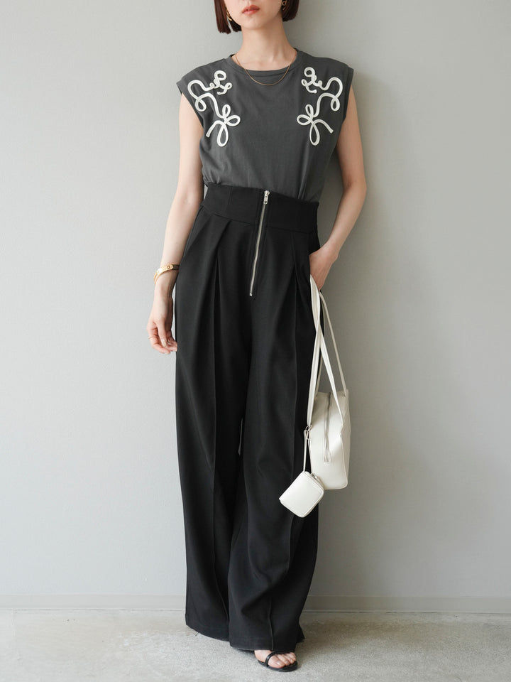 [SET]コード刺繍フレンチスリーブTシャツ+ジップタックワイドパンツ(2set)