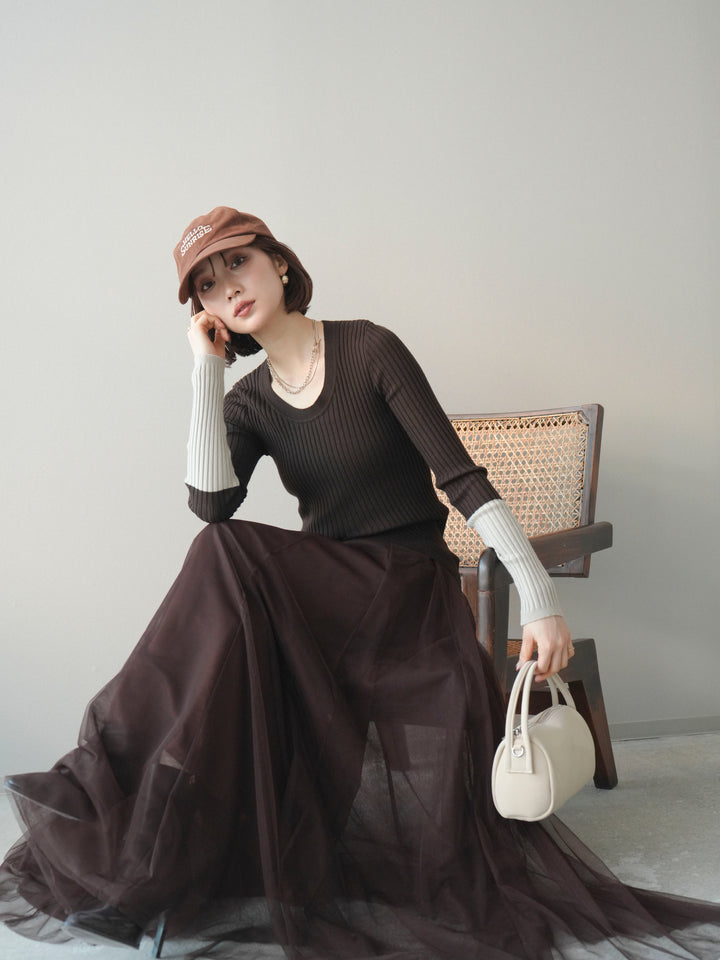 [予約]袖配色ランダムリブフロントスリットニットトップス/brown