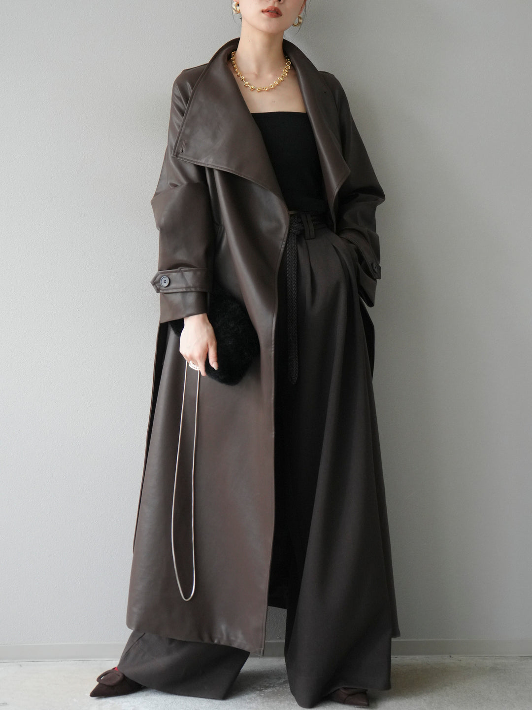 [予約]BIGカラーレザーロングコート/ブラウン