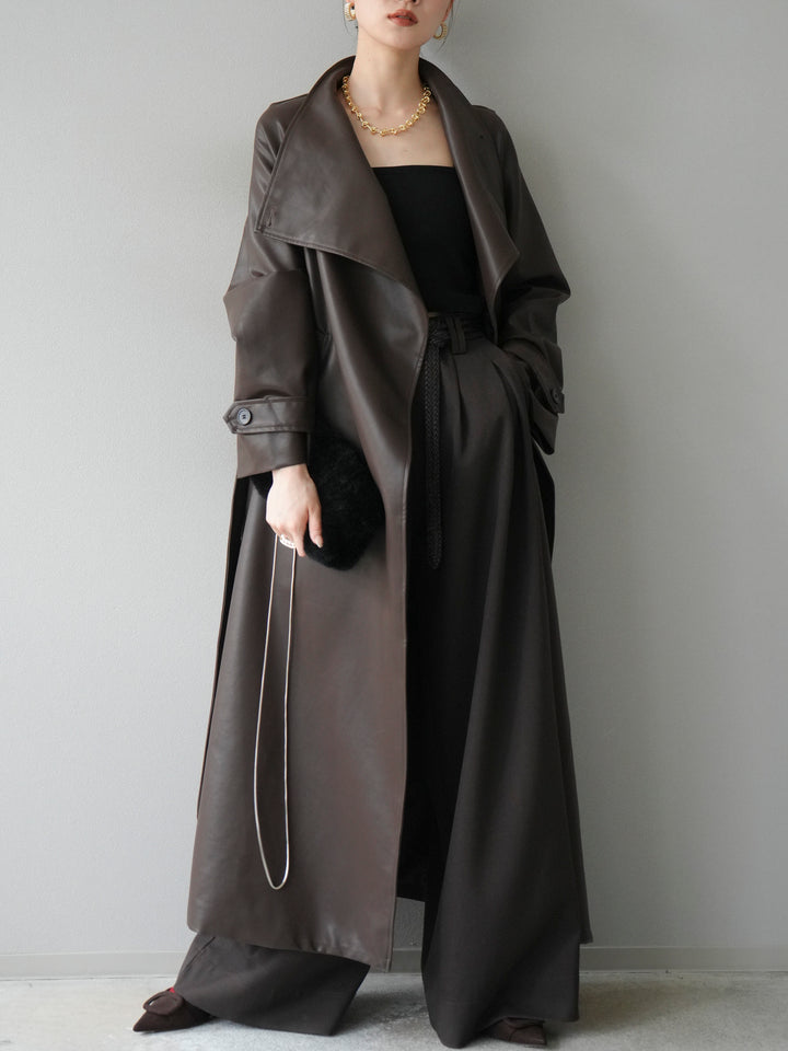[予約]BIGカラーレザーロングコート/ブラウン