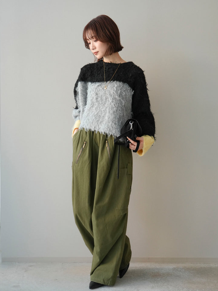 [SET]バイカラーモヘアタッチニットプルオーバー+コットンタックループパンツ(2set)