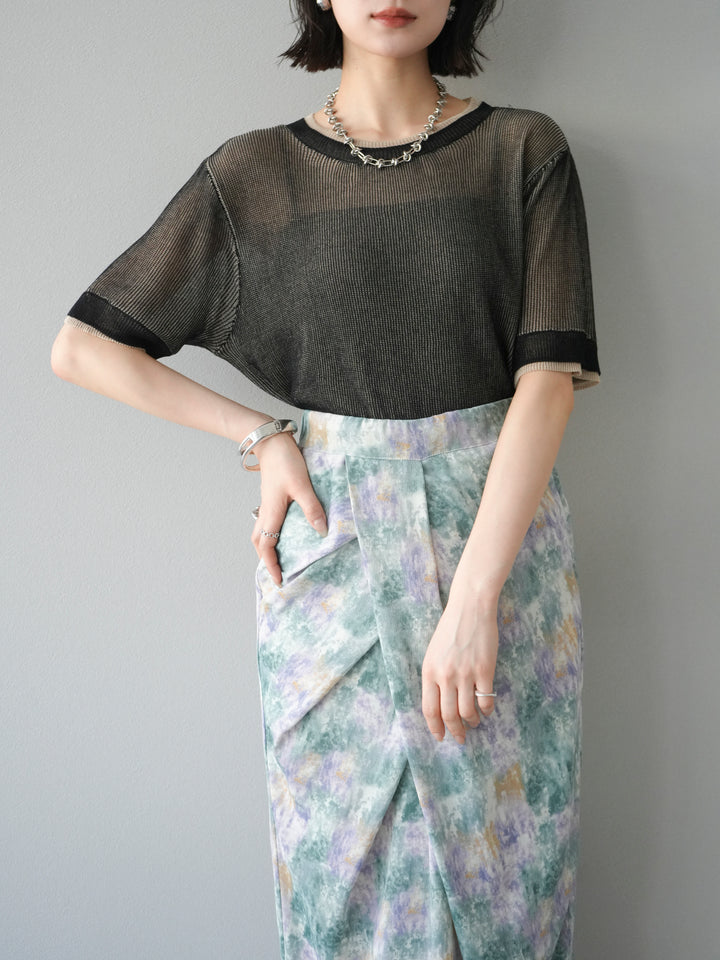 [SET]リネンタッチ配色二重臼ハーフニットトップス+選べるアソート柄スカートセット(2set)