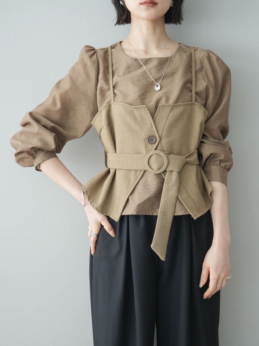 [SET]異素材ビスチェドッキングブラウス+異素材ビスチェドッキングブラウス(2set)