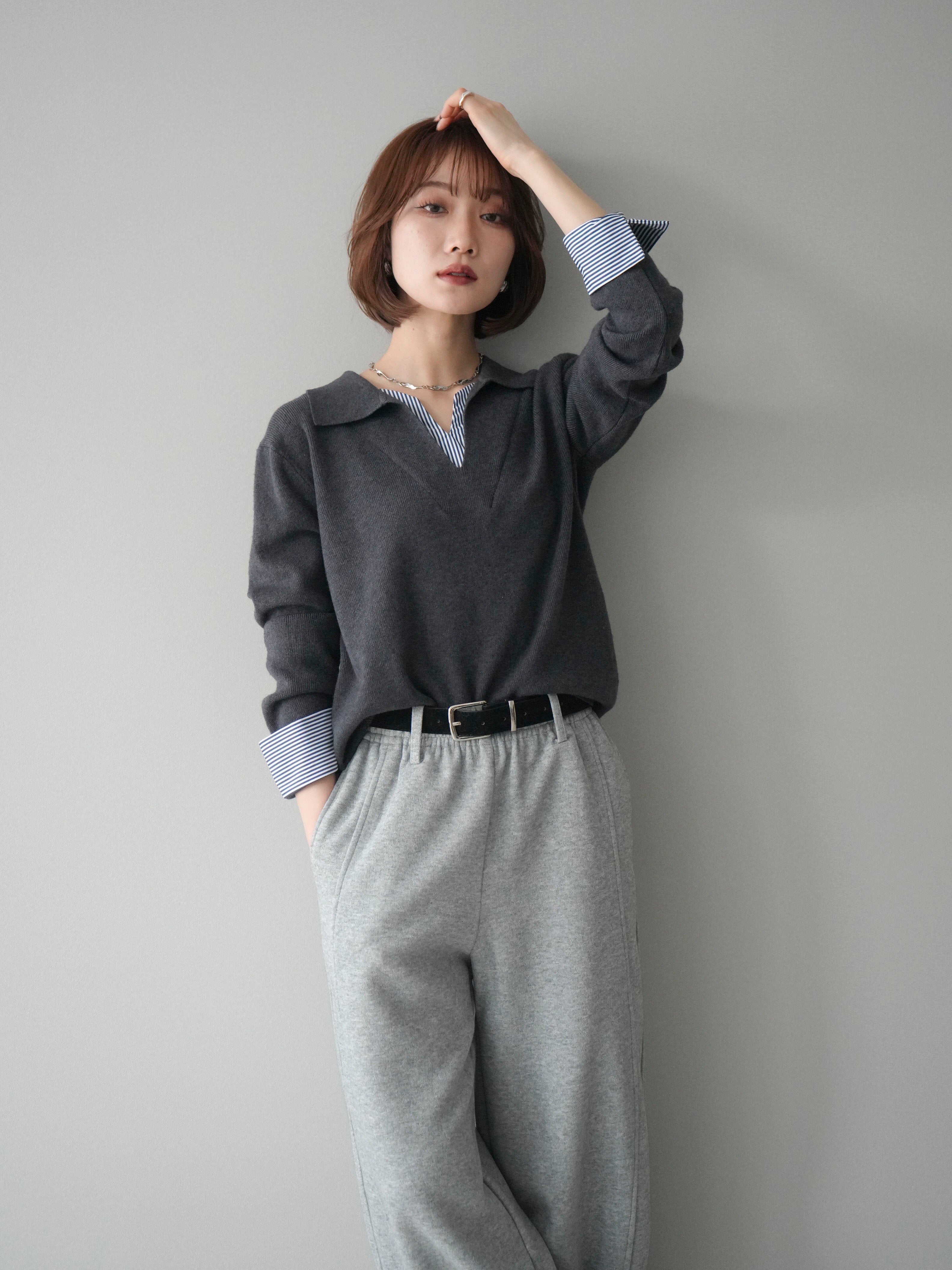 予約]シャツレイヤードスキッパーニットプルオーバー/charcoal – Lumier