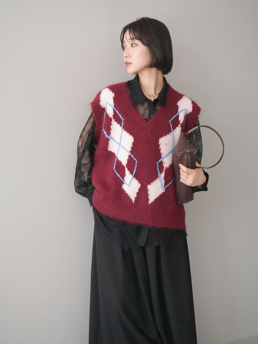 [SET]アーガイルVネックニットベスト+総レースボリュームスリーブシャツ(2set)