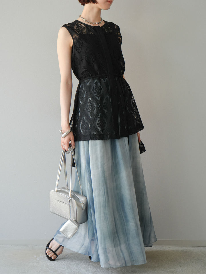 [SET] 緞面滾邊蕾絲無袖上衣 + nuance 透視喇叭裙 (2 套)