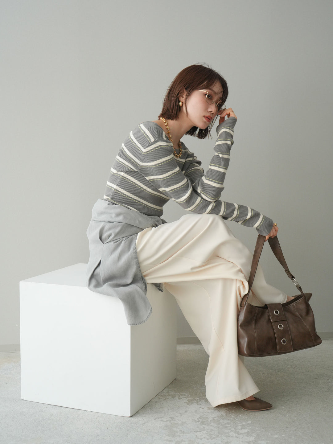 [予約]バックオープンテレコリブマルチボーダートップス/gray