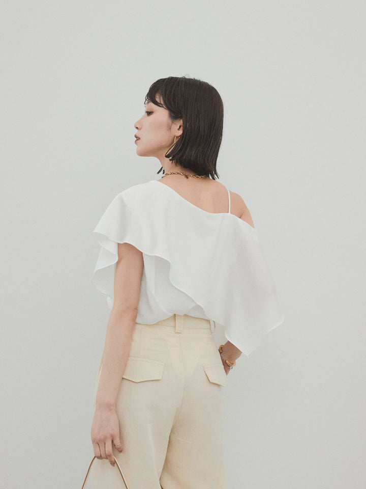 [SET]ワンショルラッフルブラウス+リネンタッチタックワイドパンツ (2set)