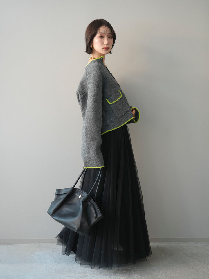[SET]ポリエステル配色ニットカーディガン+チュールボリュームスカート(2set)