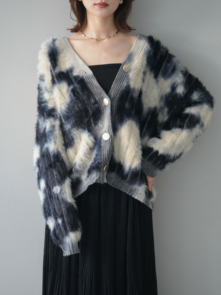 [SET]ニュアンス柄シャギーニットカーディガン+裾レーススウェードプリーツマキシスカート(2set)