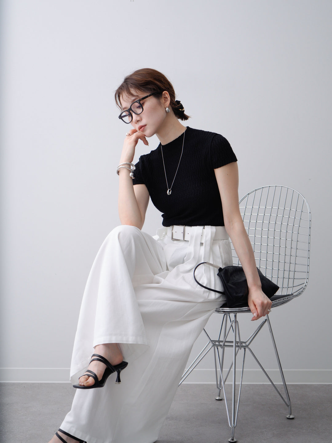 [予約]ウェーブハイネックフレンチニットトップス/black