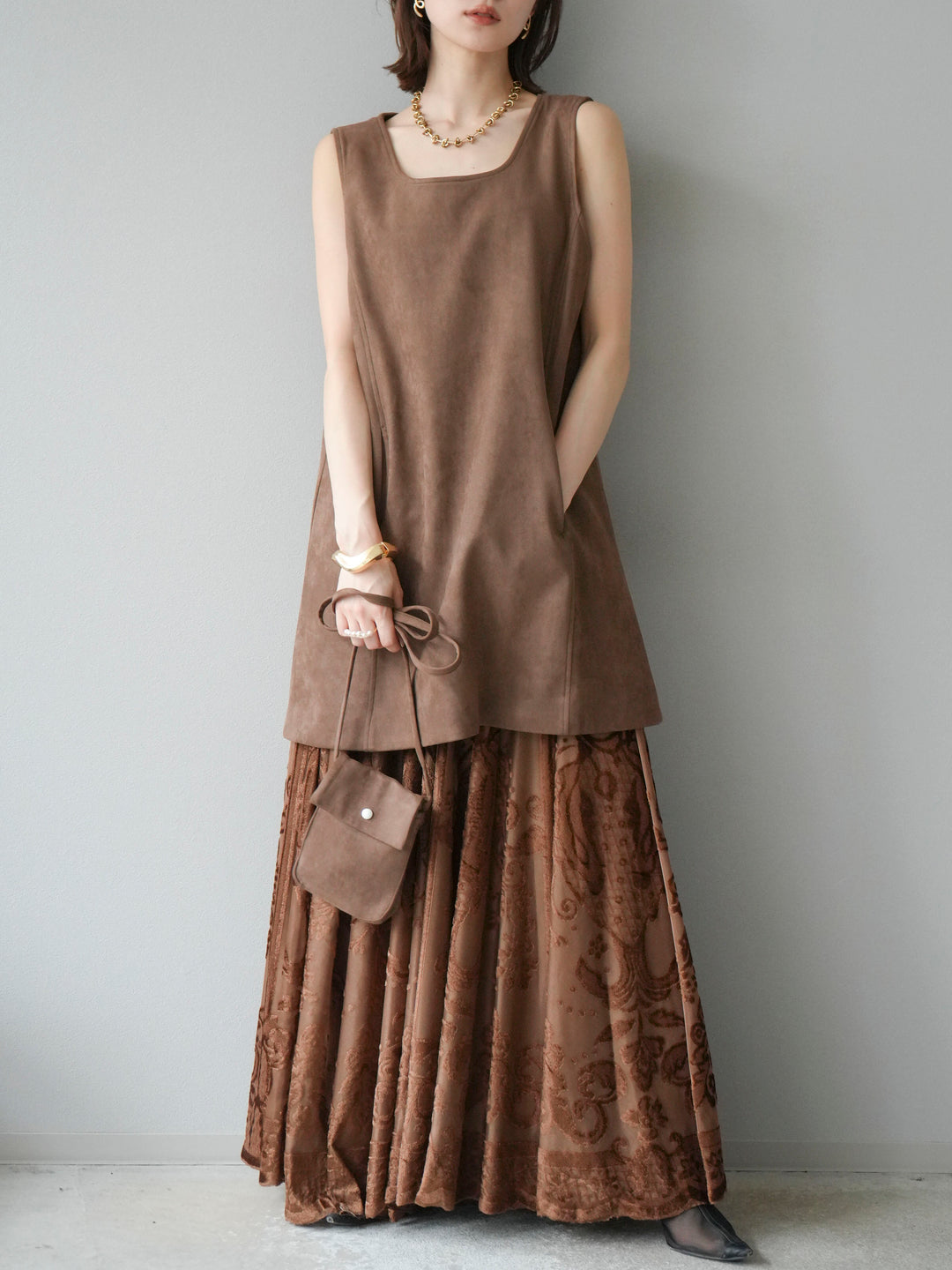 [予約]アンティーク柄フロッキーマキシスカート/ブラウン