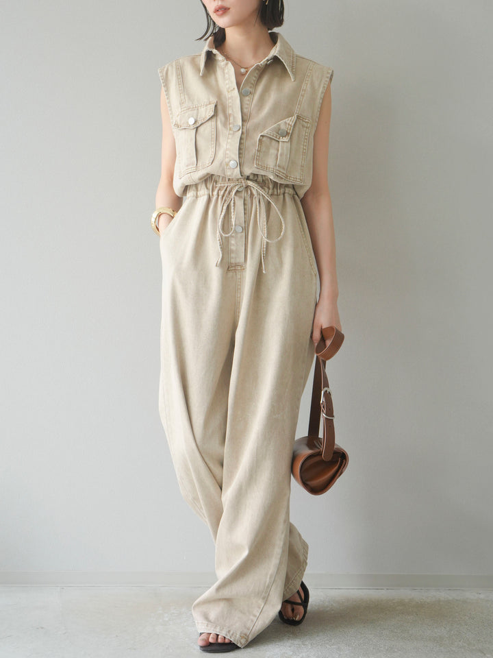 [予約]ポケットデザインデニムオールインワン/キャメル