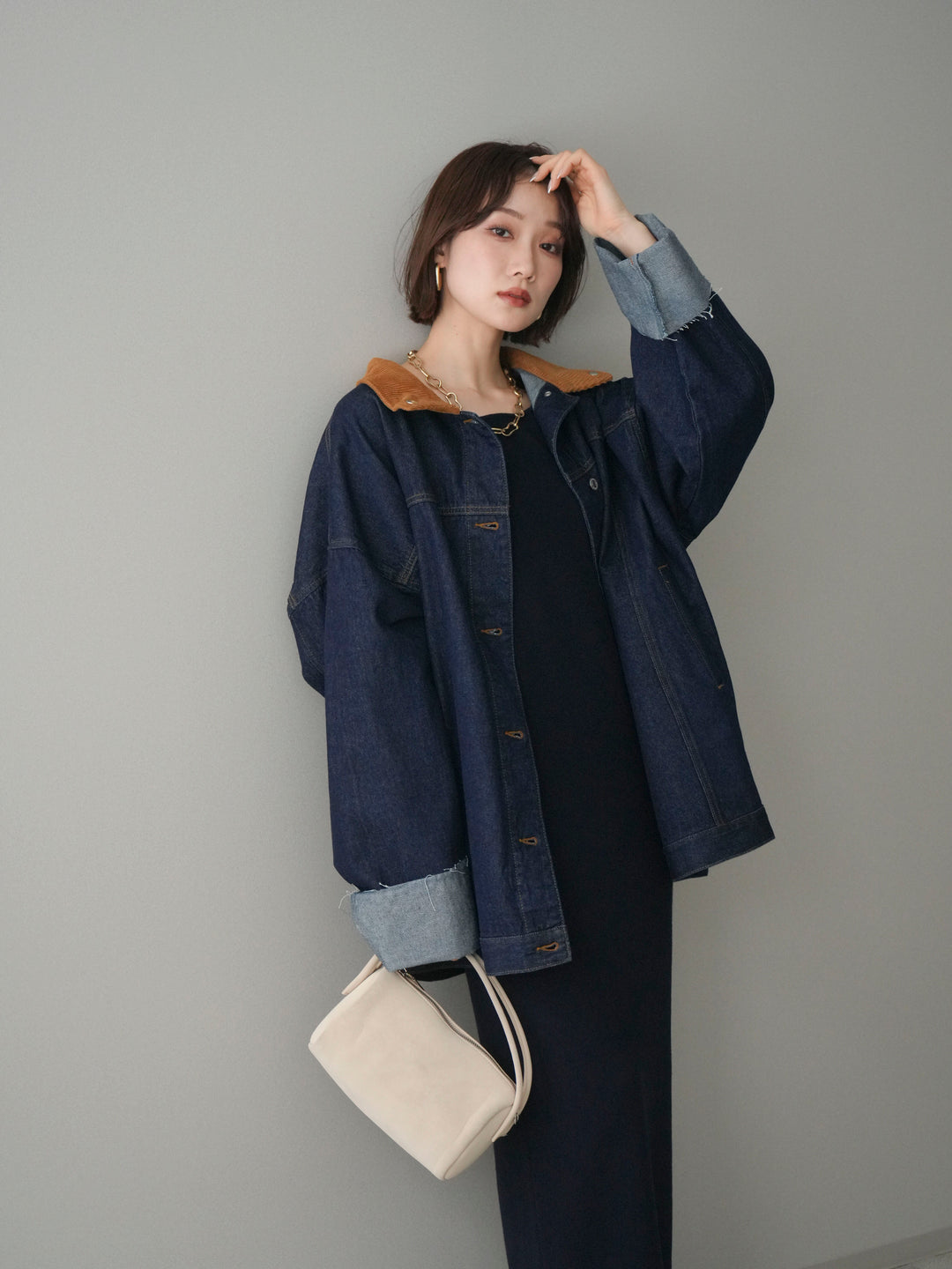 [SET]2WAYニットワンピース+コーデュロイ×デニムミドルジャケット(2set)