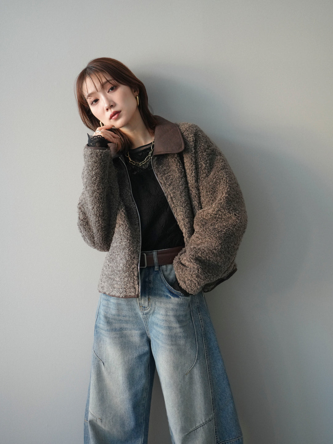 [予約]スエード襟ボアショートジャケット/brown