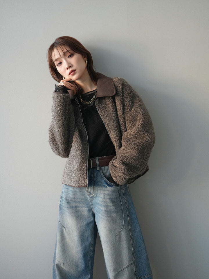 [予約]スエード襟ボアショートジャケット/brown