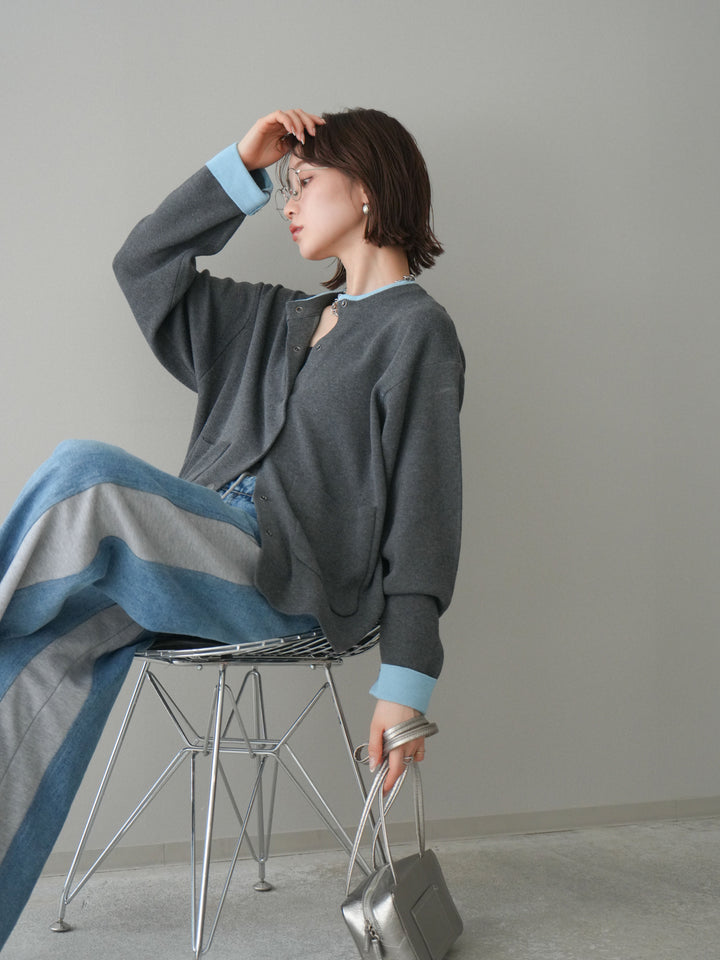 [SET]バイカラーオーバーニットカーディガン+デニム切替スウェットパンツ(2set)