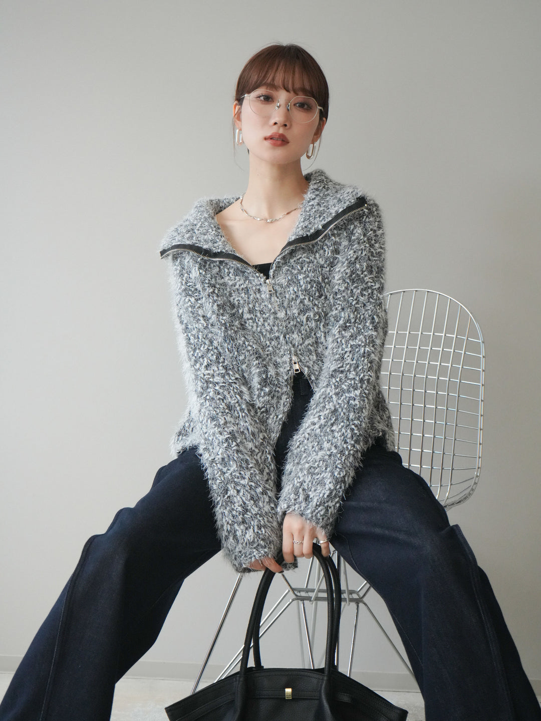 [予約]ミックスシャギージップニットカーディガン/black