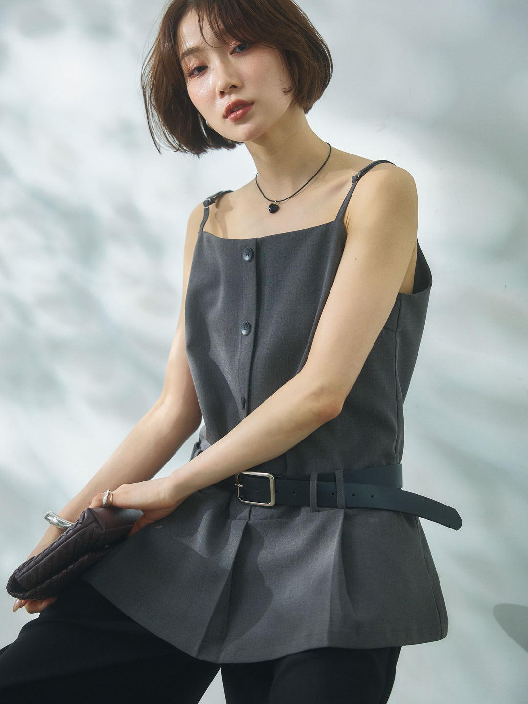 【Allure】[SET]ベルト付テーラードキャミソール+エステルツイルタックワイドパンツ(2set)