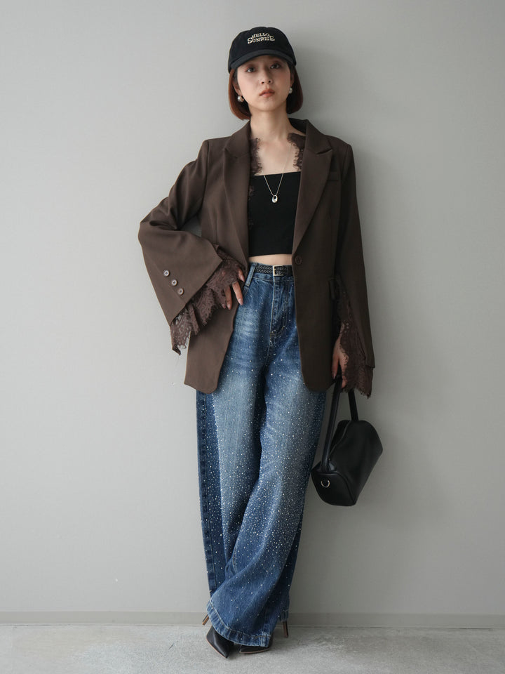 [予約]レースレイヤードスリットジャケット/brown